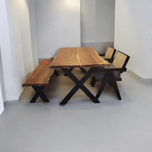 Wood dining table with bench for 4