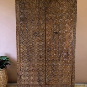 Hand-Carved Mango Wood Wardrobe – Natural Polished Finish