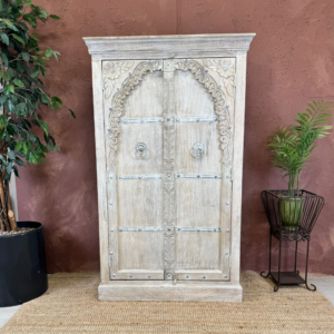 Hand-Carved Mango Wood 2-Door Armoire with Whitewashed Arch Design
