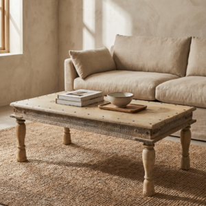 Vintage Hand-Carved Mango Wood Coffee Table – Natural Finish with Metal Corner Plates