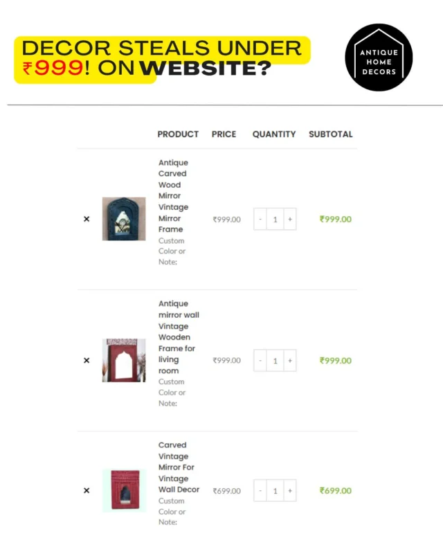 Yes, you heard it right! ✨ Beautiful decor picks under ₹999 — with shipping included 💛

From Jharokha Mughal Mirror Frames to Small Wooden Shelves and even quirky Bullet Bike Decor pieces 🚲

Perfect for gifting or styling your space without breaking the bank!

Check them out now 👇"**

#Under999Decor #BudgetFriendlyFinds #HomeDecorDeals #AntiqueHomeDecors #walldecorindia  #AntiqueWallDecor #mughalmirrors #jharokhamirror